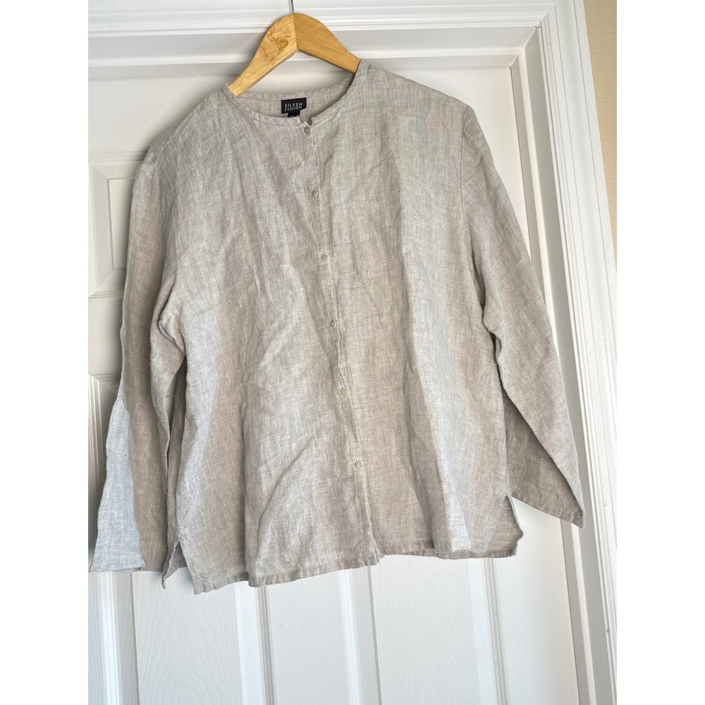 Eileen Fisher Shirt Women M Beige Irish Linen Band Collar Button Up T108 USA